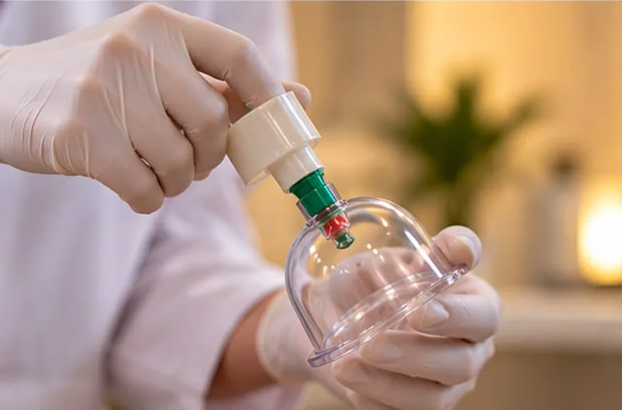 Gloved practitioner handling a cupping cup