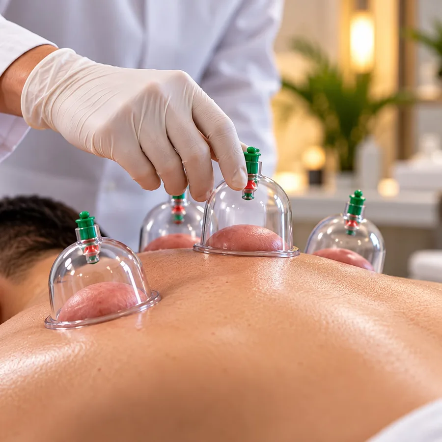 Practitioner placing a medical cupping cup in a clean clinic room