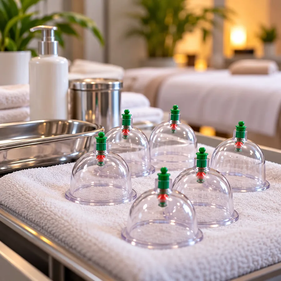 Sterile cupping cups on a clean towel